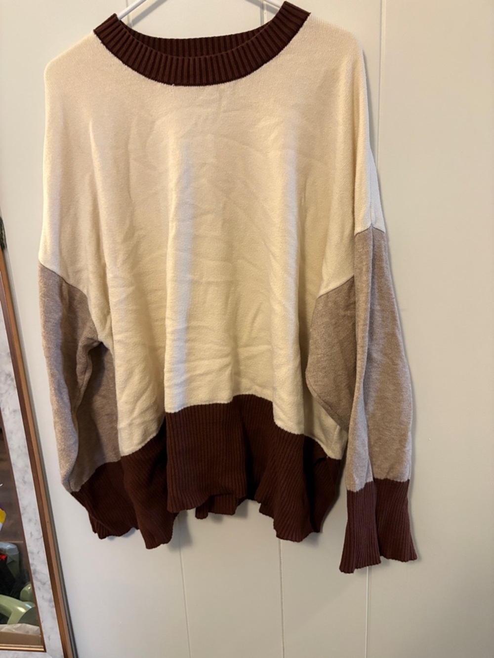 Eloquii Cream, Brown & Taupe Colorblock Crewneck Sweater